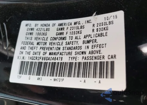 2016 Honda Accord Ex-L from USA, damaged, VIN 1HGCR2F86GA046479